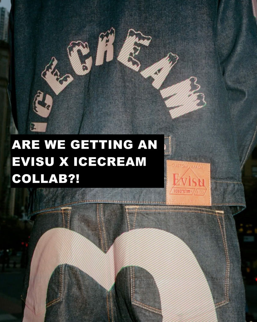 EVISU X ICECREAM FASHION COLLAB  Leaked image showing what appears to be an unreleased Evisu x Ice Cream denim jacket and matching jeans, teasing a potential first-time collaboration between the two streetwear icons.